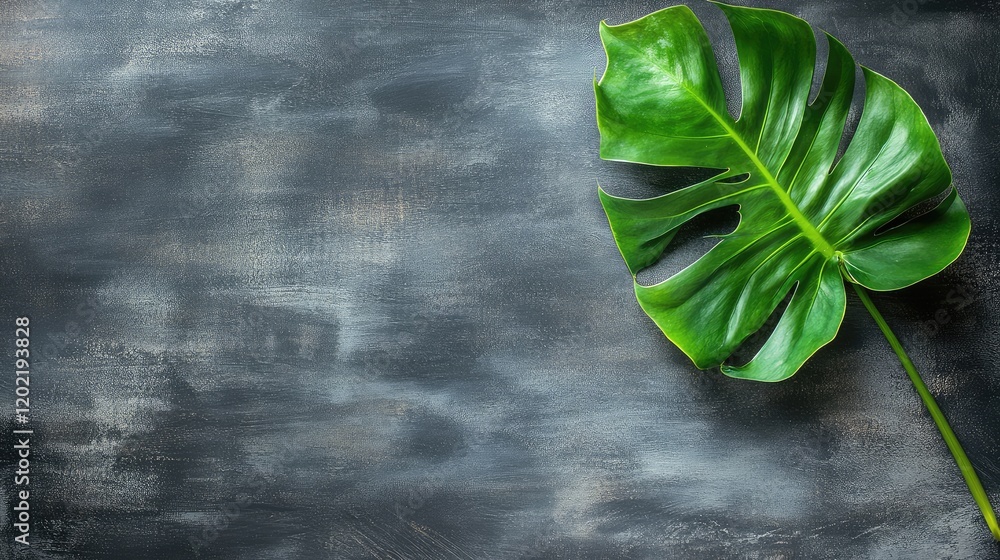 Poster Monstera leaf on dark textured background with copy space for text placement