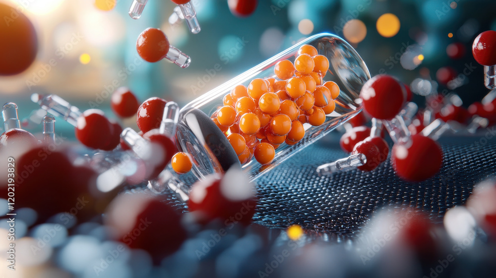 Fototapete nanocarrier system transporting therapeutic agents dynamic environment. image showcases vibrant oran