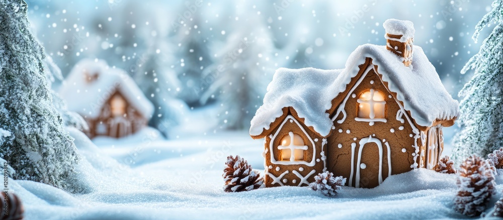 Aufkleber gingerbread house in snow with pine cones and snowy trees copy space for text