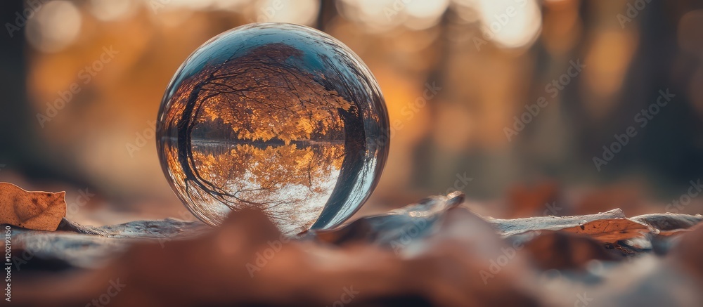 Poster autumn landscape through a crystal ball on fallen leaves with blurred trees in the background copy s