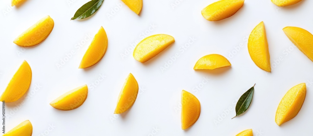 Poster fresh yellow mango slices arranged on a white background with green leaves and ample copy space.