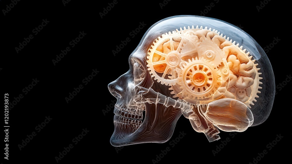 Poster a transparent skull reveals intricate gears inside, symbolizing the connection between mechanics and