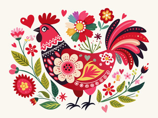 Fototapeta premium Floral rooster with intricate red roses and pink daisies in whimsical Valentine's Day art