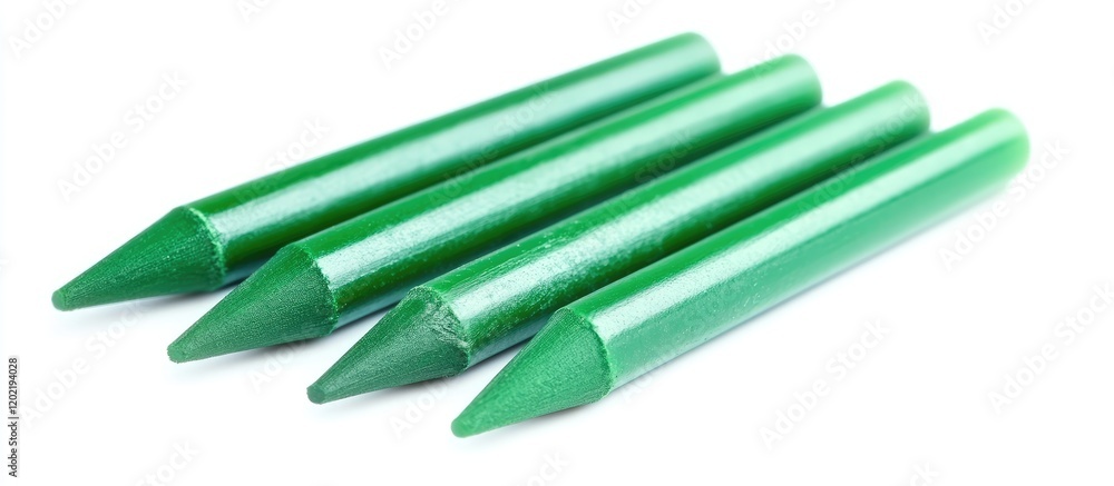Poster green wax crayons aligned on a white background with copy space for text