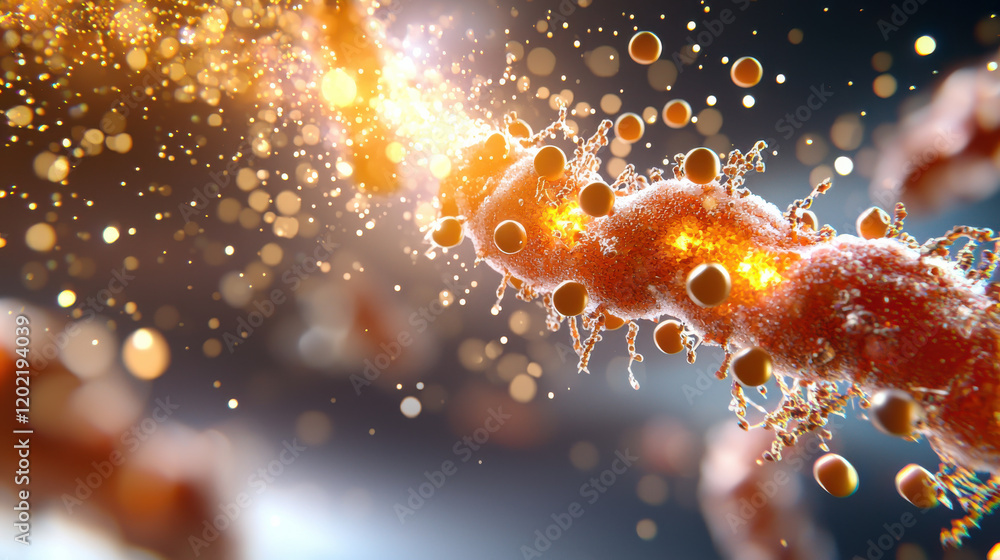 Poster close up view of nanoparticle drug interacting with cells, showcasing vibrant colors and intricate d