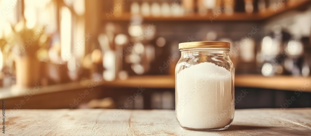 Aufkleber glass jar filled with milk on wooden table in a rustic kitchen with blurred background and copy spac
