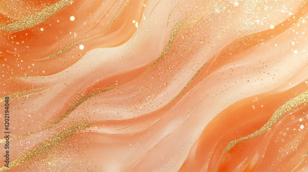 Poster abstract textured background with soft waves in warm orange tones and golden glitter particles, idea