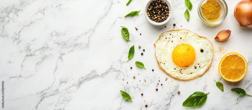 Poster Fried egg on marble countertop with herbs spices lemon and condiments in bowls with copy space for text