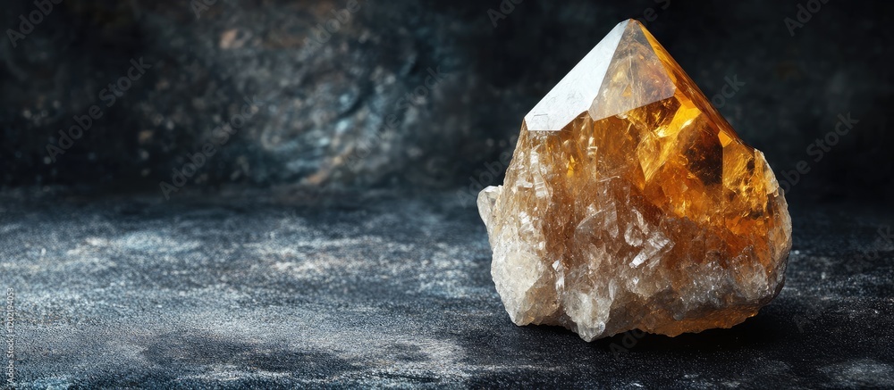 Poster golden quartz crystal on dark textured background with copy space for text. close-up of natural mine