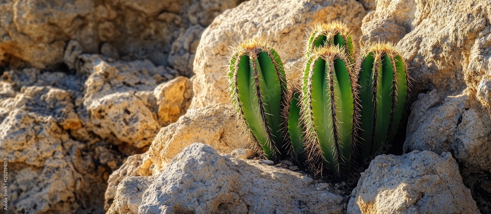 Aufkleber cactus growing among rocks with textured surface and natural lighting in a desert environment copy s