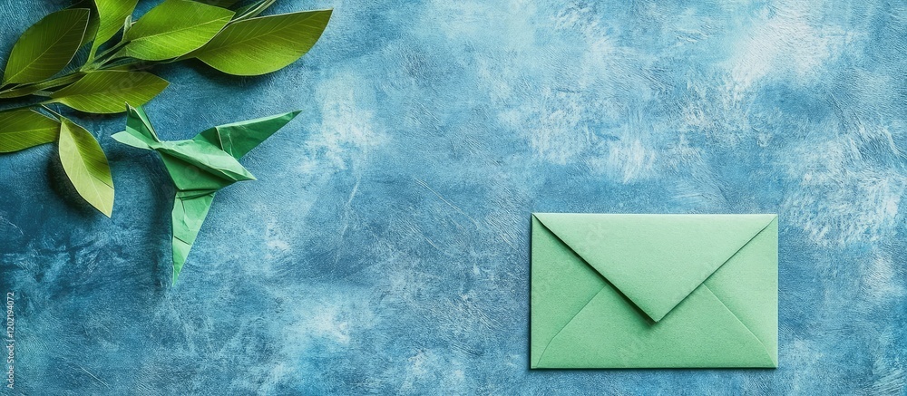 Aufkleber green envelope on blue textured background with paper origami crane and leafy branch, copy space ava