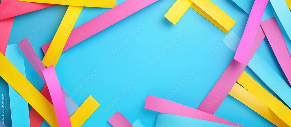 Poster colorful paper strips arranged on a blue background with copy space for text or graphics.