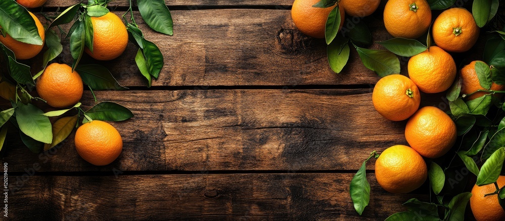 Aufkleber fresh oranges with green leaves arranged on a rustic wooden background with copy space for text plac