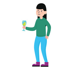 Woman with black hair holding a drink with lemon wearing blue jeans and green shirt