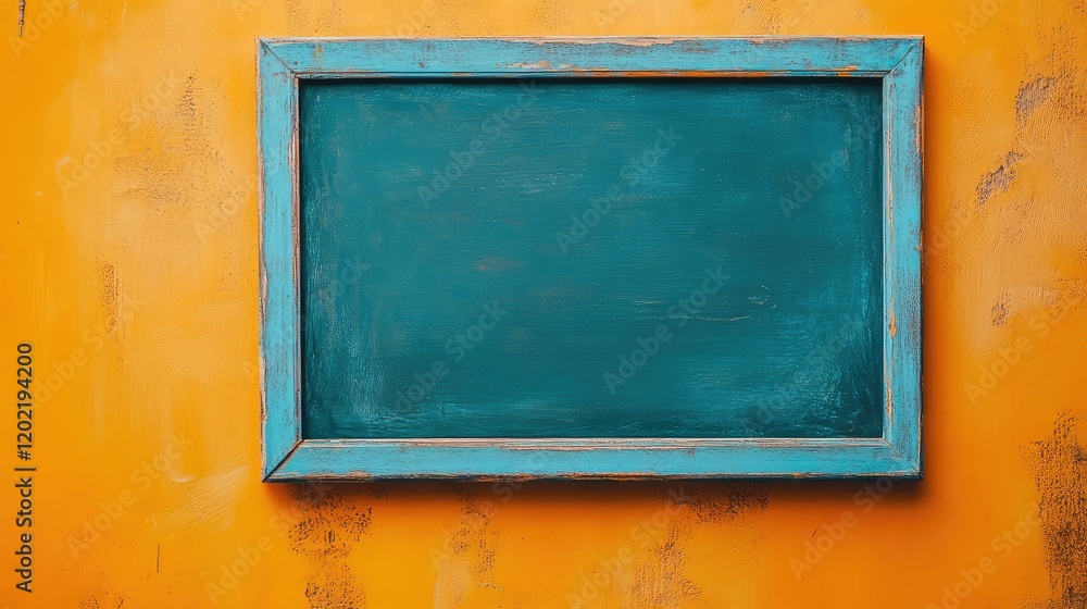Poster rustic chalkboard frame on an orange textured wall with copy space for text or graphics.