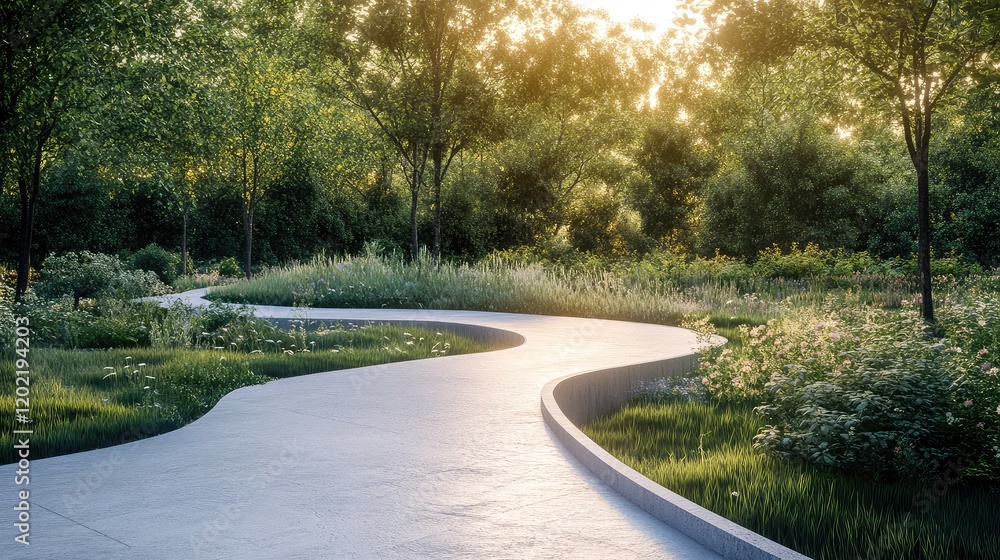 Poster winding pathway through lush greenery with sunlight filtering through trees copy space