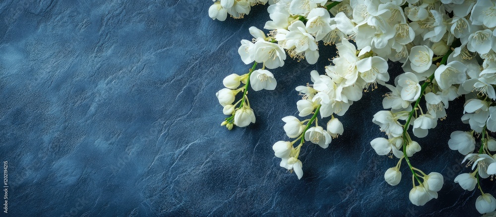 Poster white flowers on dark textured background with copy space for text placement