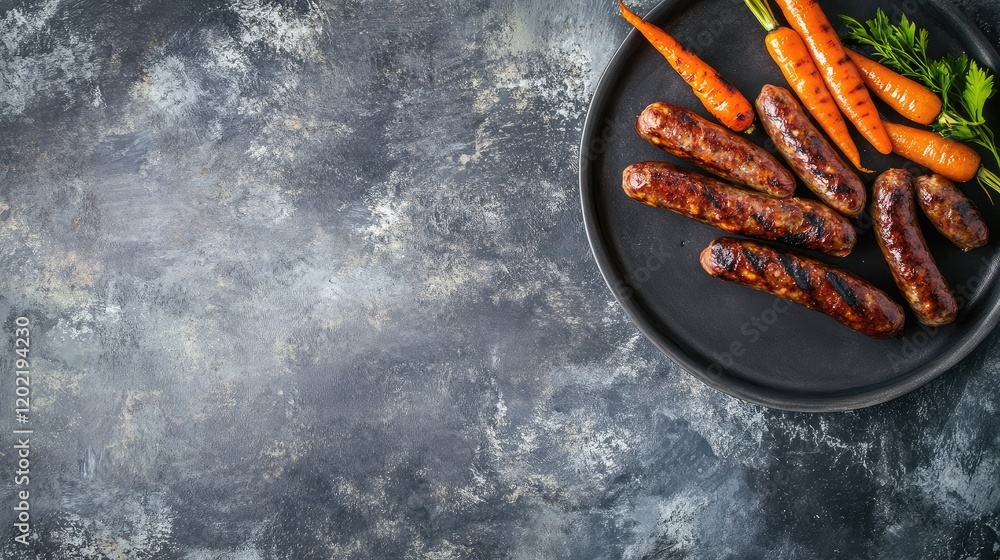 Aufkleber Grilled sausages and carrots on a black plate with textured gray background and Copy Space for text insertion