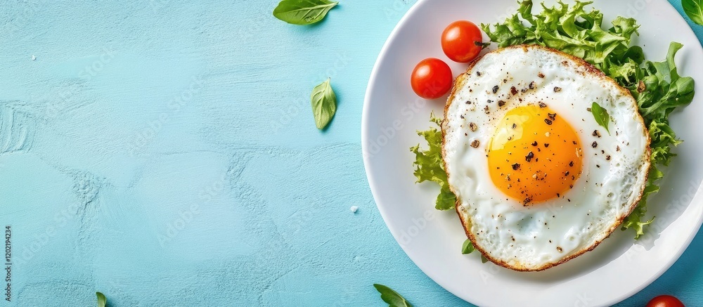 Poster fried egg on toast with greens and cherry tomatoes on a blue background with copy space