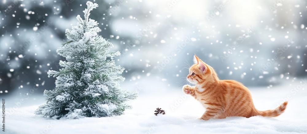 Poster snowy landscape with playful orange cat in front of small christmas tree, winter scene with snowflak