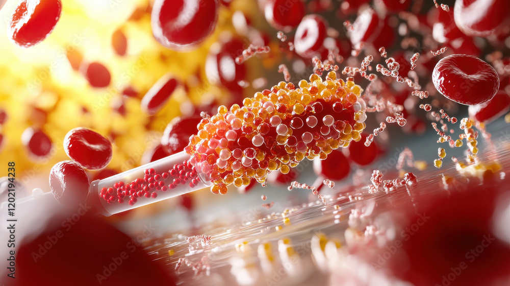 Poster close up of nanoscale device extracting biomarkers from blood cells, showcasing vibrant red blood ce