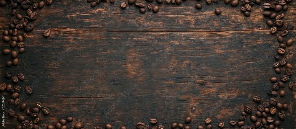 Poster Coffee beans scattered on dark wooden surface with empty space for text Copy Space