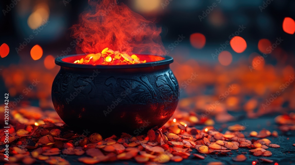 Poster Burning incense in a black pot surrounded by colorful autumn leaves and soft glowing bokeh background with Copy Space