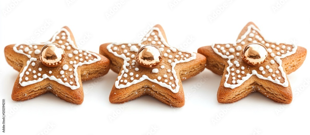 Poster gingerbread star cookies decorated with icing and nuts on a white background with copy space