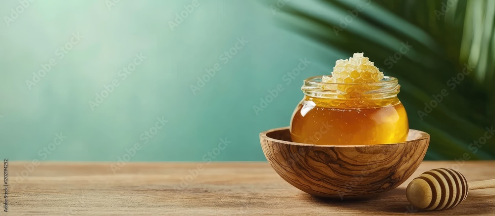 Poster glass jar of honey with honeycomb on wooden table against a green background with copy space.