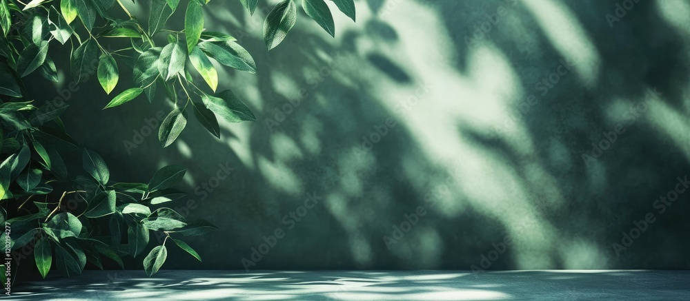 Poster Green wall with soft shadows and foliage in natural light featuring ample copy space for text placement.