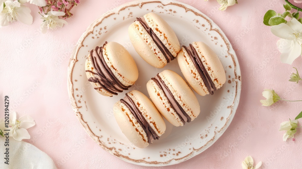 Poster macarons with chocolate filling arranged on a decorative plate surrounded by flowers and soft fabric
