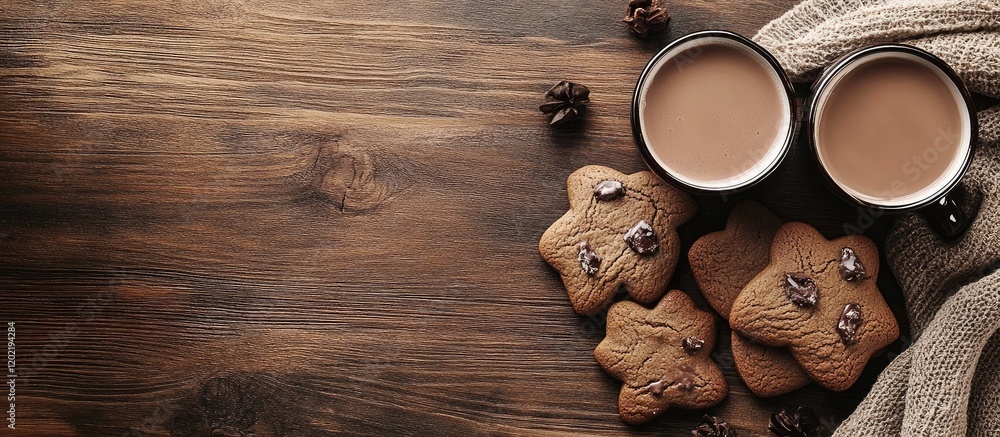 Poster gingerbread cookies and hot beverages on rustic wooden table with copy space for text