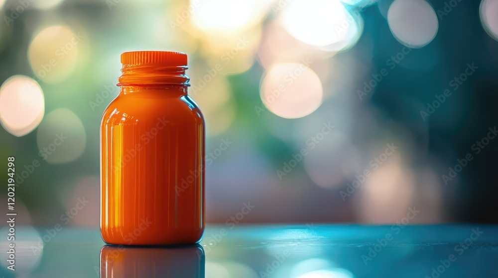 Poster orange plastic bottle with a cap standing on a reflective surface with blurred colorful bokeh backgr