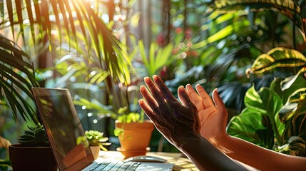 A person sitting at a desk, with their hands together in front of an open laptop.