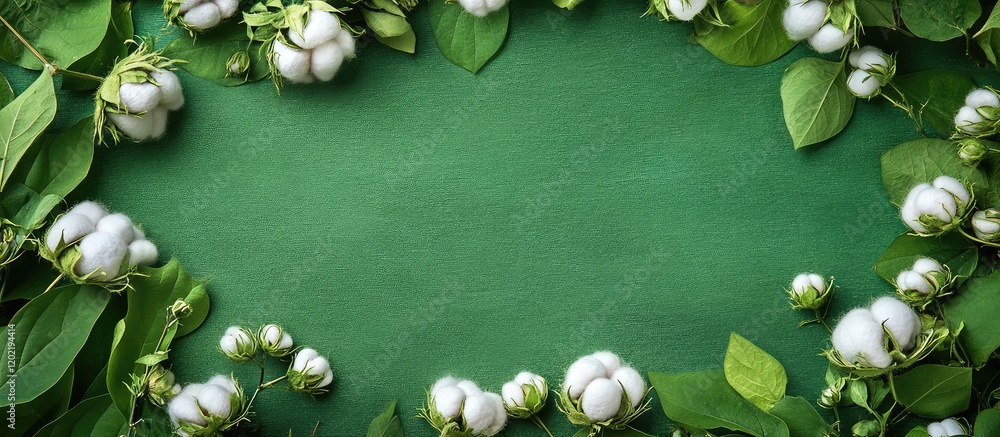 Poster cotton plant leaves and bolls arranged on a green background with copy space for text placement
