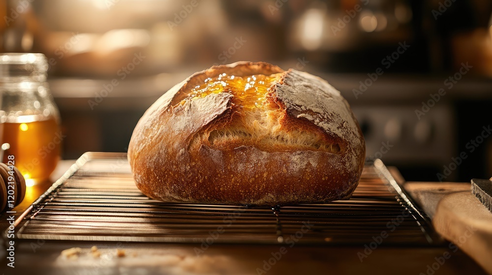Poster freshly baked artisan bread on a cooling rack with honey jar in background and warm lighting copy sp