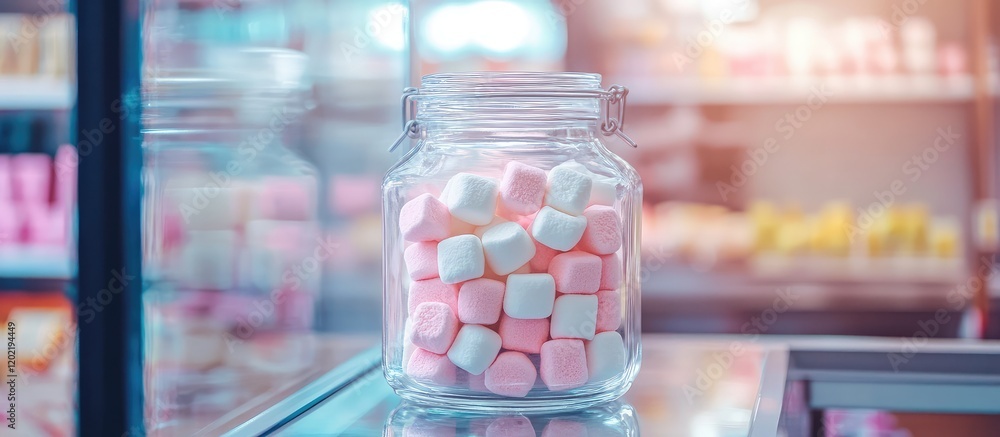 Poster Colorful marshmallows in a glass jar on display in a shop with a blurred background and copy space for text