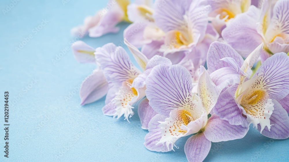Poster lavender orchids on a blue background with copy space for text placement