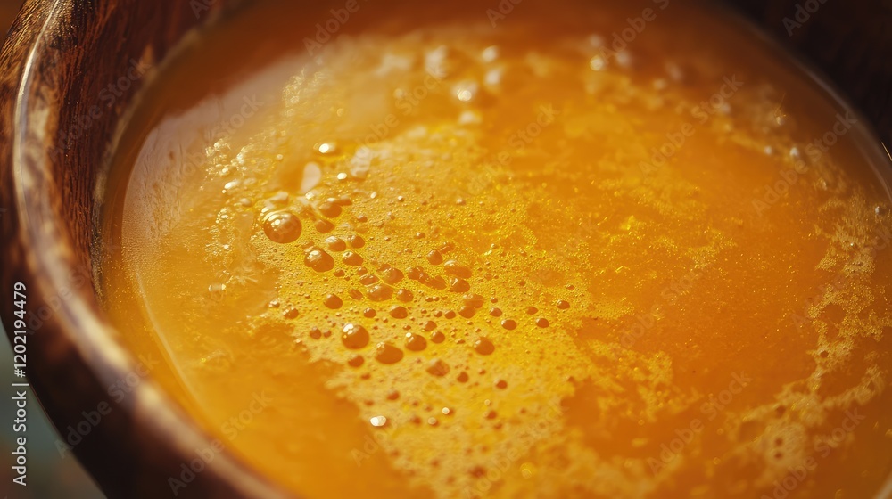 Aufkleber close-up of freshly extracted orange juice in a wooden bowl with frothy texture and vibrant color co