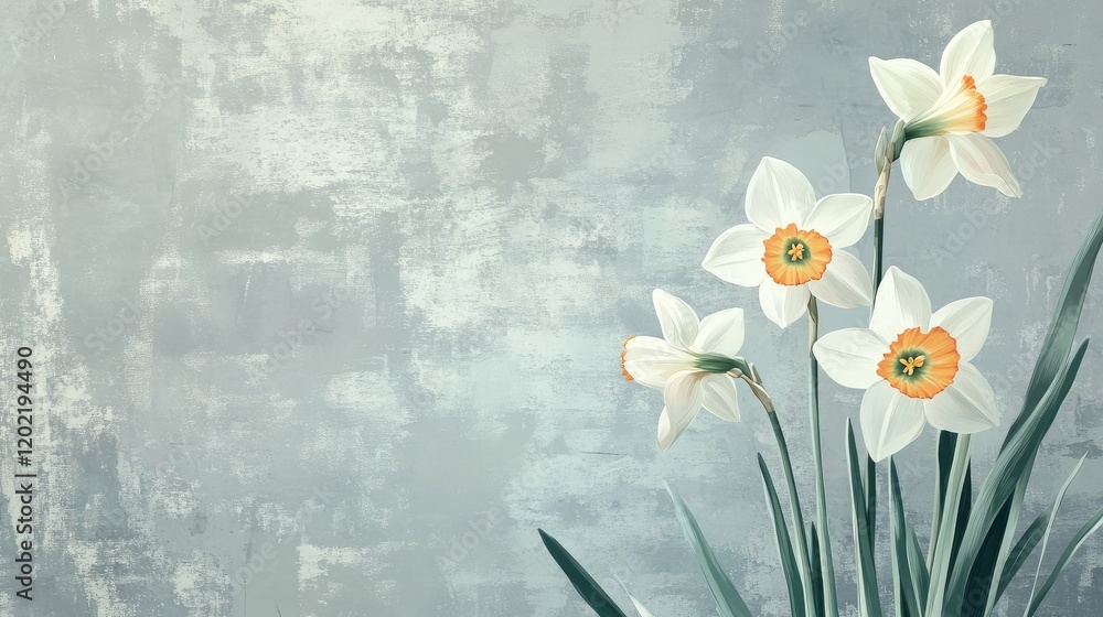 Poster white daffodils with orange centers against a textured gray background with copy space for text plac