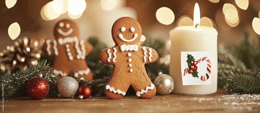 Poster gingerbread men cookies with festive decorations and candle in a christmas-themed setting with copy 