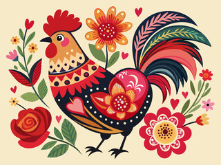 Floral rooster with intricate red roses and pink daisies in whimsical Valentine's Day art