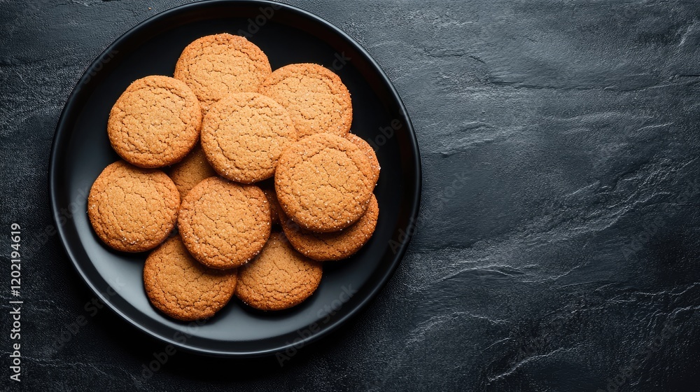 Poster golden brown cookies arranged on a black plate with a dark textured background and ample copy space 