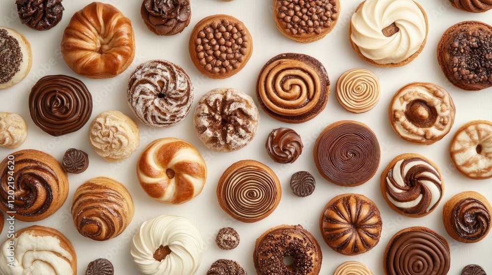 Poster Assorted sweet pastries and desserts arranged in a flat lay composition on a light background with Copy Space for text placement