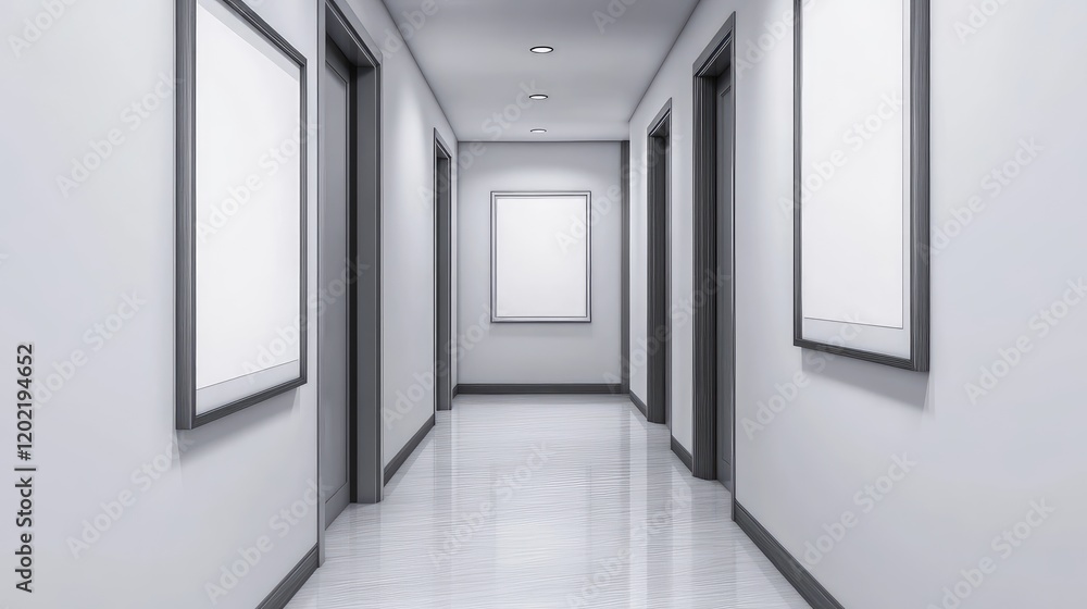 Poster modern empty hallway with doors and blank picture frames on walls showing copy space for text or ima