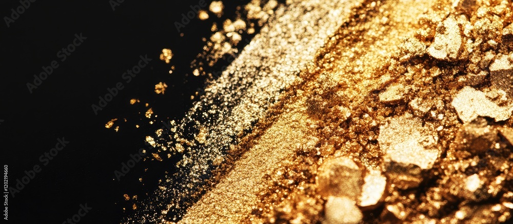 Poster abstract composition of gold and silver powder particles on a black background with copy space for t