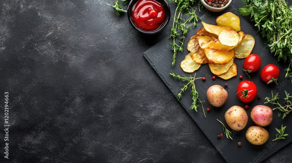 Aufkleber fresh vegetables and potato chips on black stone background with ketchup and spices copy space