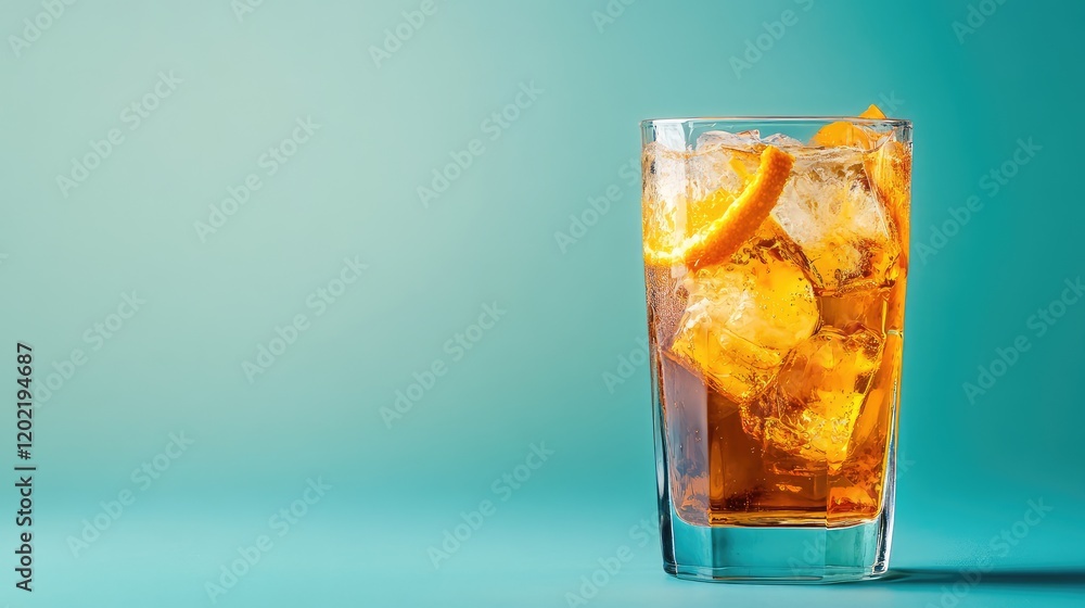 Poster refreshing iced tea in a tall glass with ice cubes and orange slices on a blue background with copy 