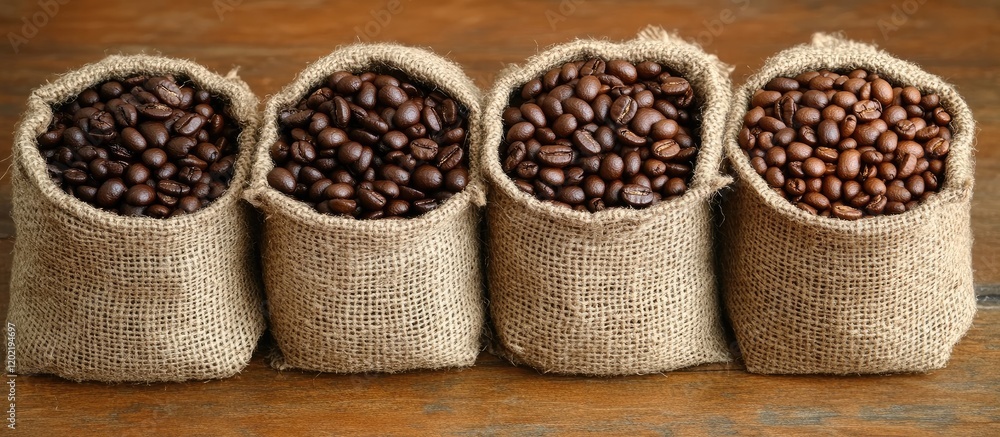 Poster four burlap sacks filled with different varieties of roasted coffee beans on a wooden surface with c