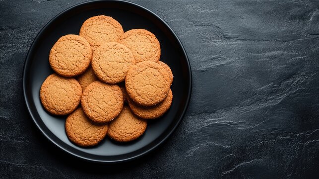 Golden brown cookies arranged on a black plate with a dark textured background and ample Copy Space for text placement.